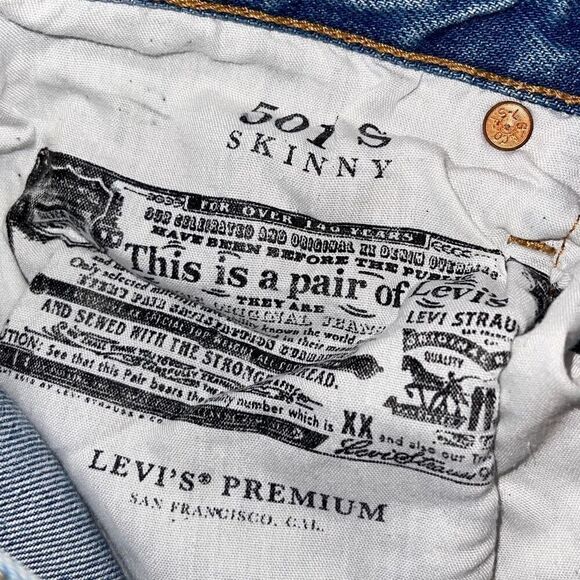 Levi's 501 Womens High Rise‎ Button Fly Distressed Skinny Denim Jeans Blue Sz 24 - Picture 10 of 14